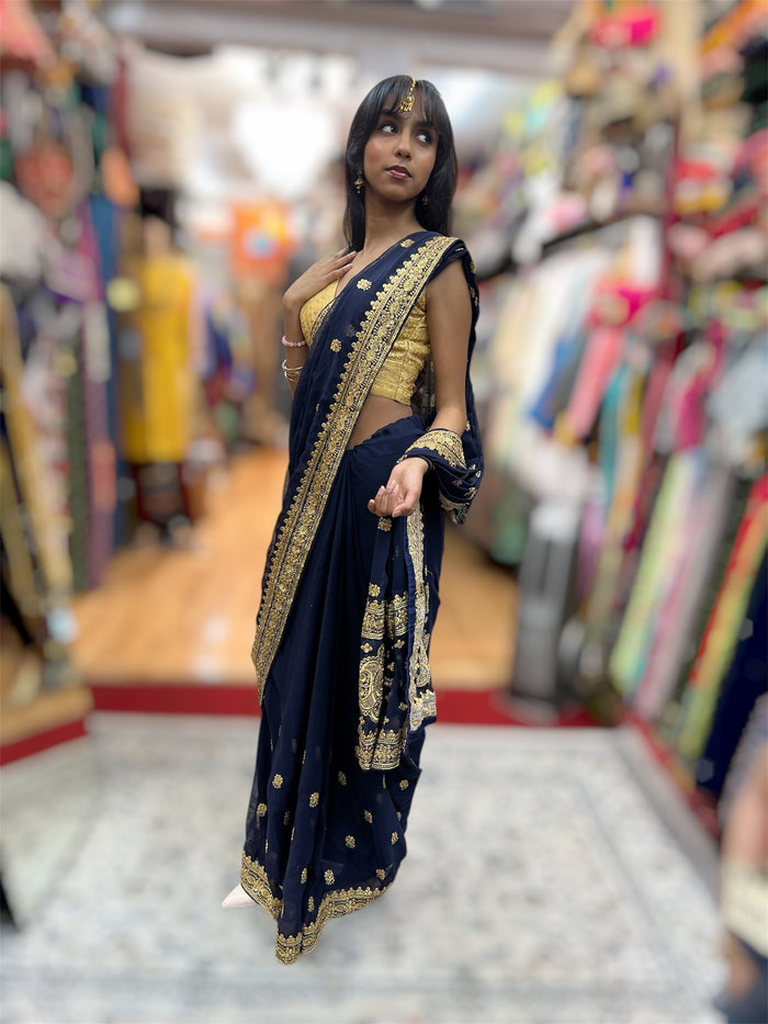 Silk Georgette Embroidered Navy Blue Pleated Saree