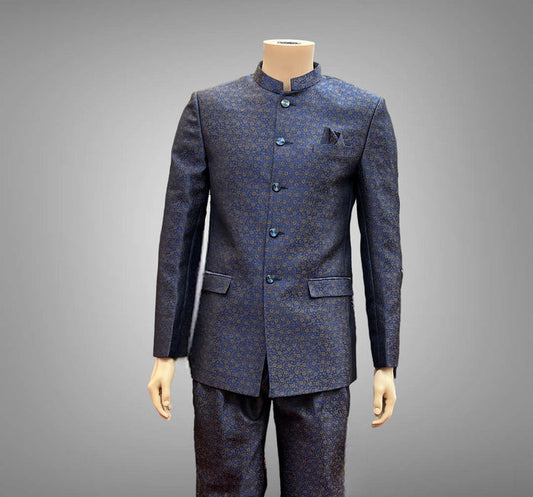 Silk Self Printed Midnight Navy Blue Short Jacket / Bandhgala / Jodhpuri