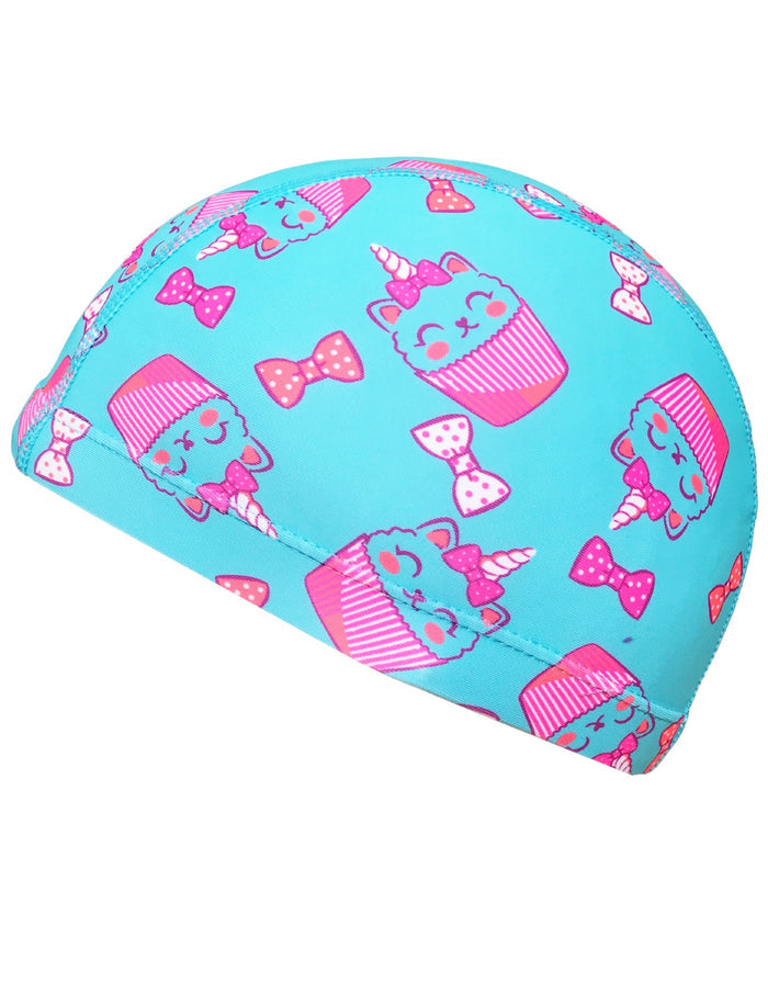 Turquoise neoprene swim cap with pink white cupcake junior fun patterns lycra design