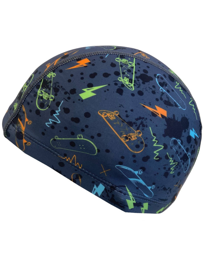 Navy blue Simply Swim junior fun patterns Lycra swim cap with colorful abstract designs
