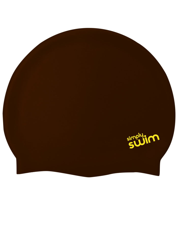 Brown Simply Swim junior silicone swim cap in solid colours with yellow white logo
