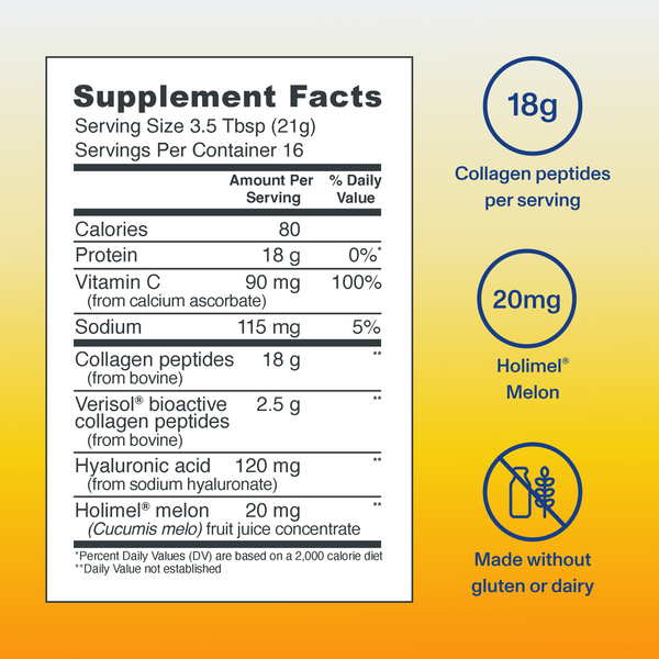 Supplement facts label showing collagen peptides, Vitamin C, hyaluronic acid, and Holimel melon content for Skin Complex - Unflavored | Vital Proteins with notes on gluten and dairy-free wellness supplement.