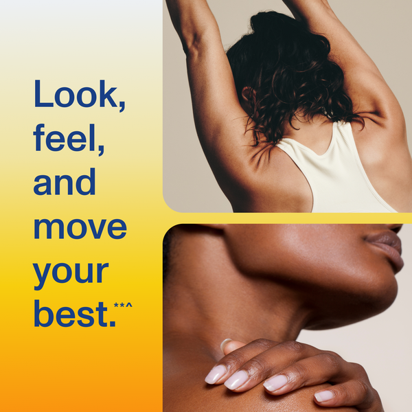 Promotional image for Skin Complex - Unflavored | Vital Proteins showing a woman stretching with exposed back and a close-up of smooth skin on a shoulder, highlighting wellness and skincare benefits.