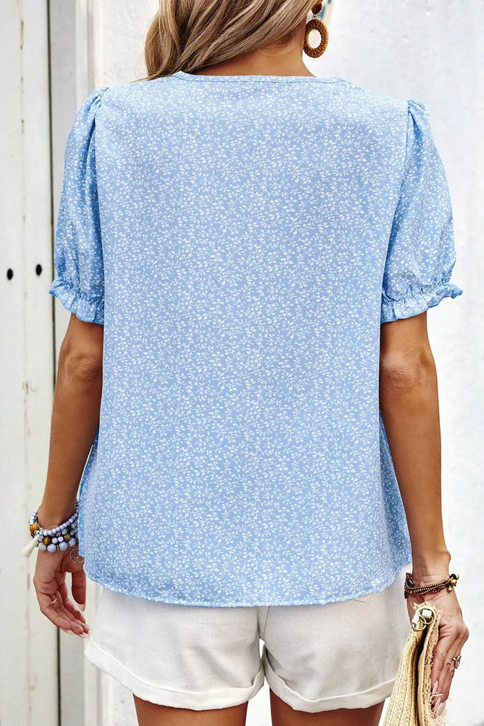 Sky Blue Floral Embroidered Puff Sleeve Notched V Neck Blouse - Tops/Blouses & Shirts