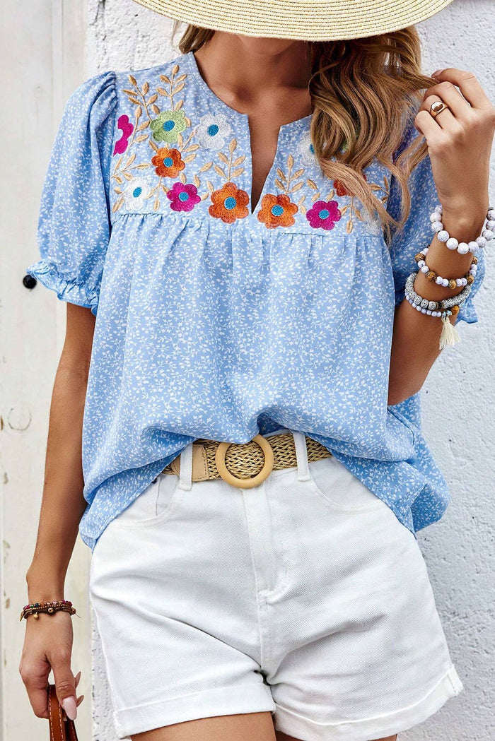 Sky Blue Floral Embroidered Puff Sleeve Notched V Neck Blouse - Tops/Blouses & Shirts