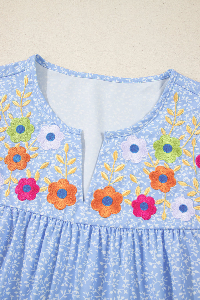 Sky Blue Floral Embroidered Puff Sleeve Notched V Neck Blouse - Tops/Blouses & Shirts