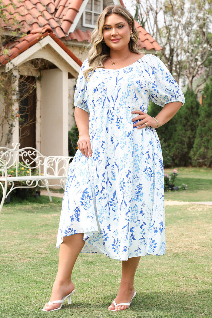 Sky Blue Floral Print Sweetheart Neck Plus Size Midi Dress - 1X / 100% Polyester - Size/Plus Dresses/Plus Dresses