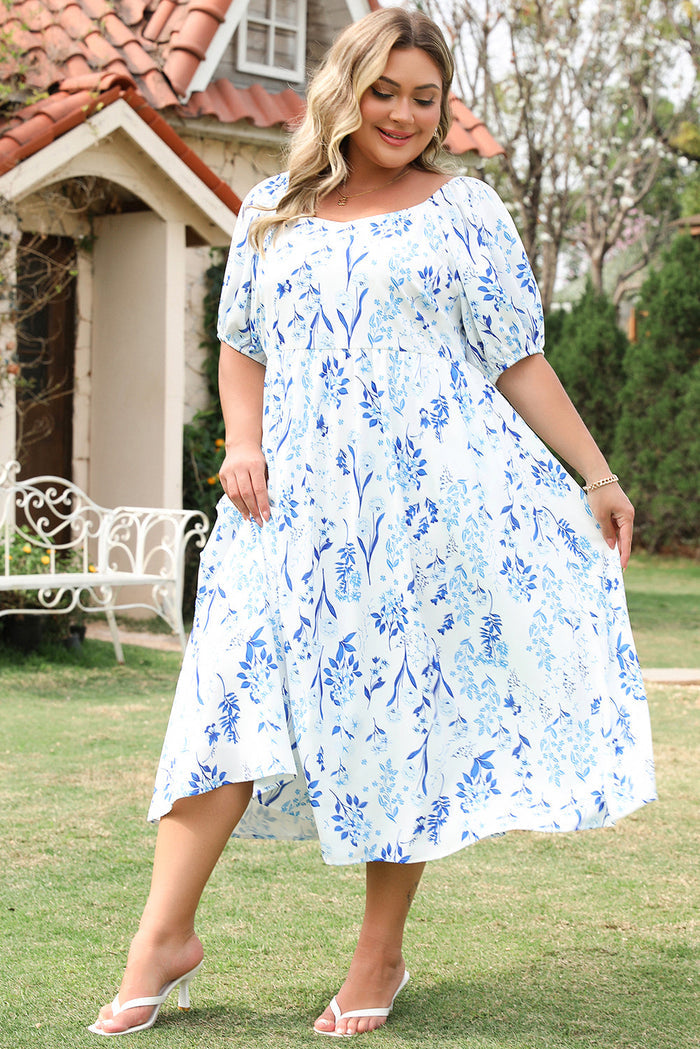 Sky Blue Floral Print Sweetheart Neck Plus Size Midi Dress - Size/Plus Dresses/Plus Dresses