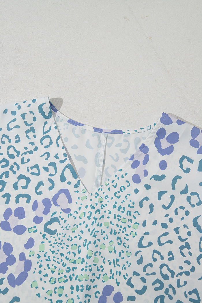 Sky Blue Mixed Leopard Print V Neck Short Sleeve Blouse - Tops/Blouses & Shirts