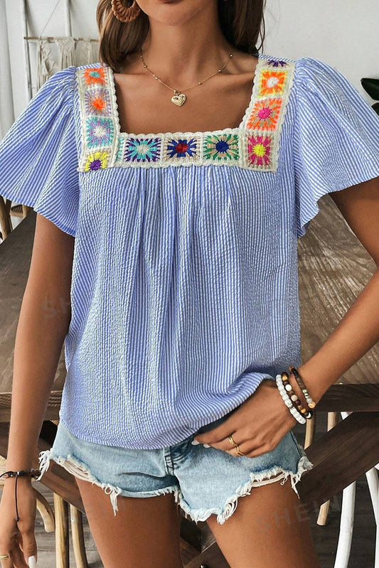 Sky Blue Stripe Textured Ruffle Short Sleeve Boho Detail Square Neck Blouse - S / 100% Polyester - Tops/Blouses & Shirts
