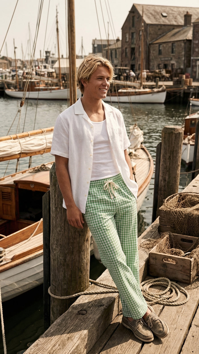 Slouchy Trousers Bottoms | Green Gingham
