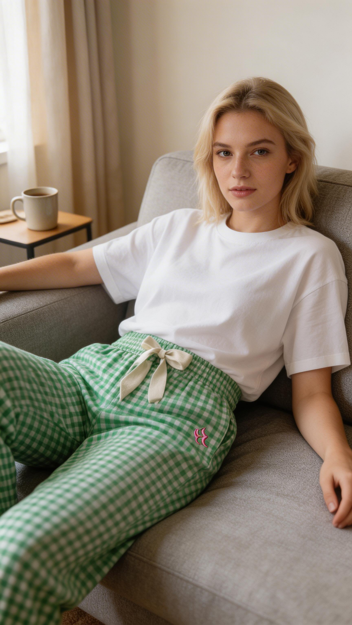 Slouchy Trousers Bottoms | Green Gingham