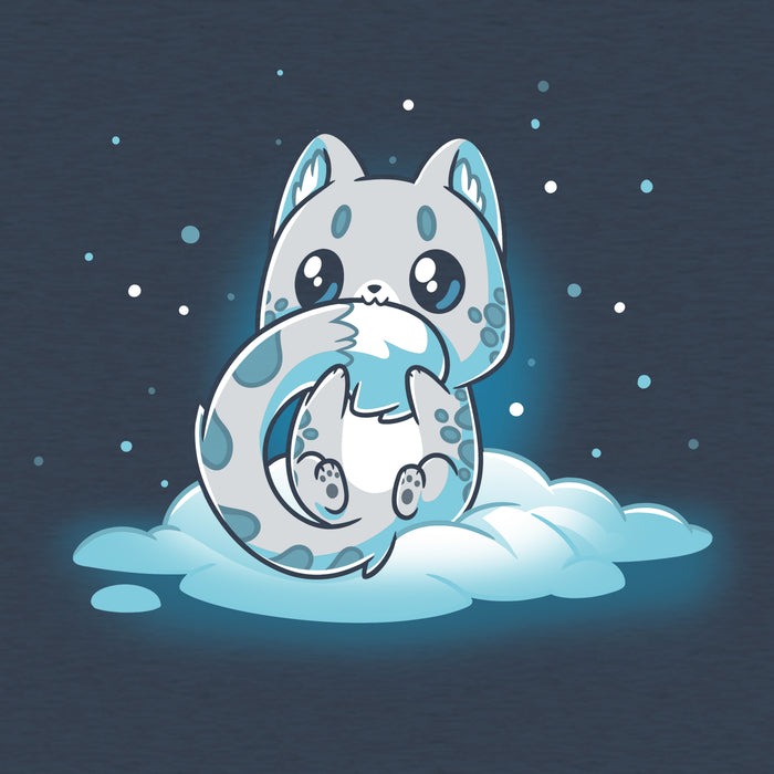 Classic Cotton T-shirt_TeeTurtle heather navy Snuggly Snow Leopard apparel featuring a baby snow leopard with large eyes chewing on its tail. It's sitting in the snow with snowflakes falling around it.
