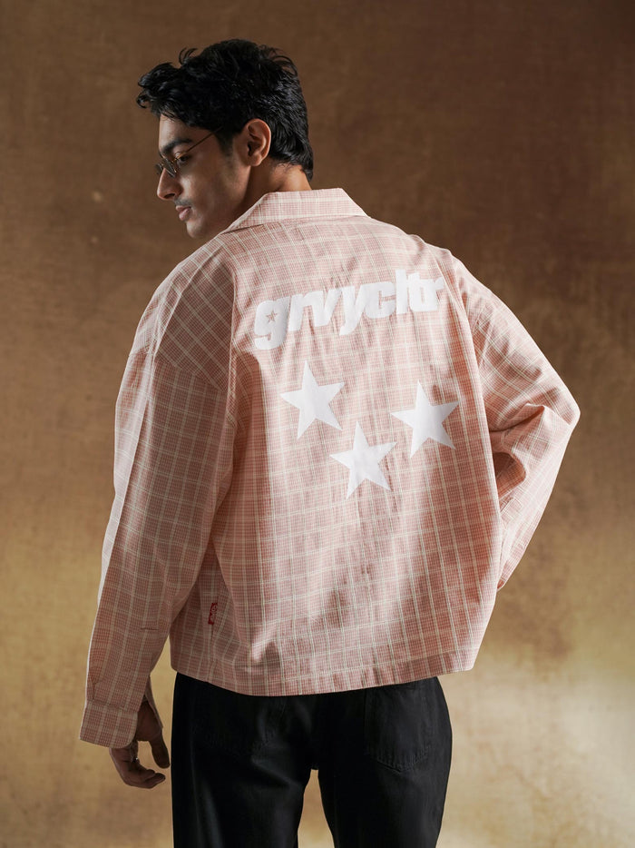 grvyclb back print with three white stars on plaid shirt - GROOVY Pakistan