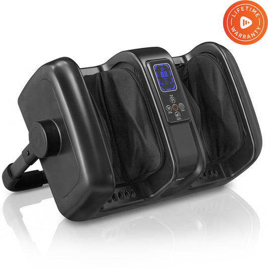 SoleSerene shiatsu foot and calf massager shown at an angle, highlighting its control panel, rotating handle, and Lifetime Warranty badge.