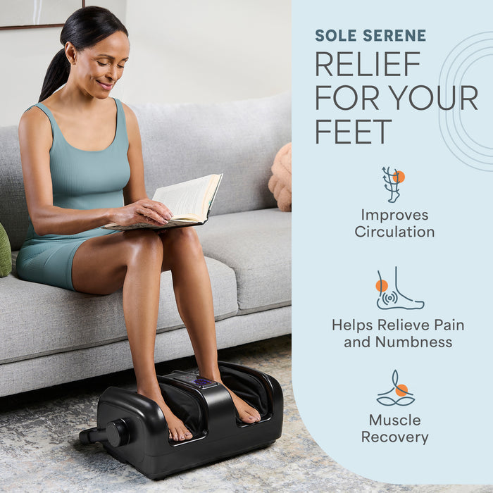 Woman reading a book with her feet in the SoleSerene massager, beside benefits: improves circulation, helps relieve pain and numbness, and supports muscle recovery.