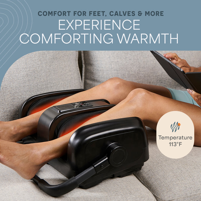 Close-up of the SoleSerene control panel showing 3 massage modes, 3 intensity levels, heat, and timer, plus its heel massager and non-slip feet.