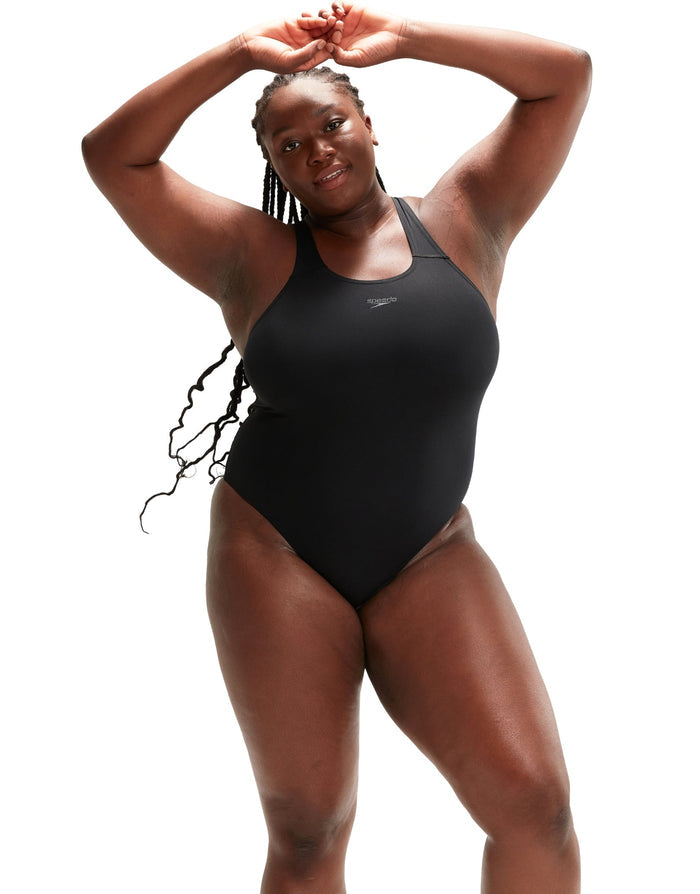 Black Speedo Endurance+ Medalist plus size swimsuit with lace-up back