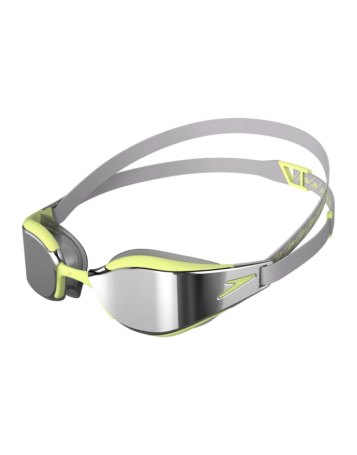 Sleek silver and yellow Speedo Fastskin Hyper Elite mirror swim goggles
