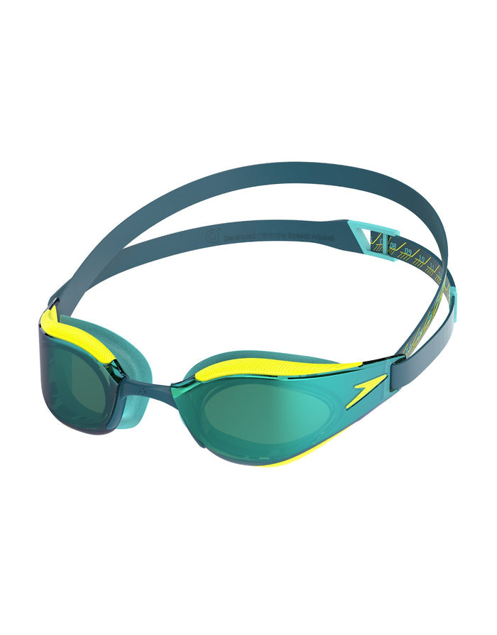 Teal and yellow Speedo Fastskin Hyper Elite mirror swim goggles with sleek hydrodynamic design