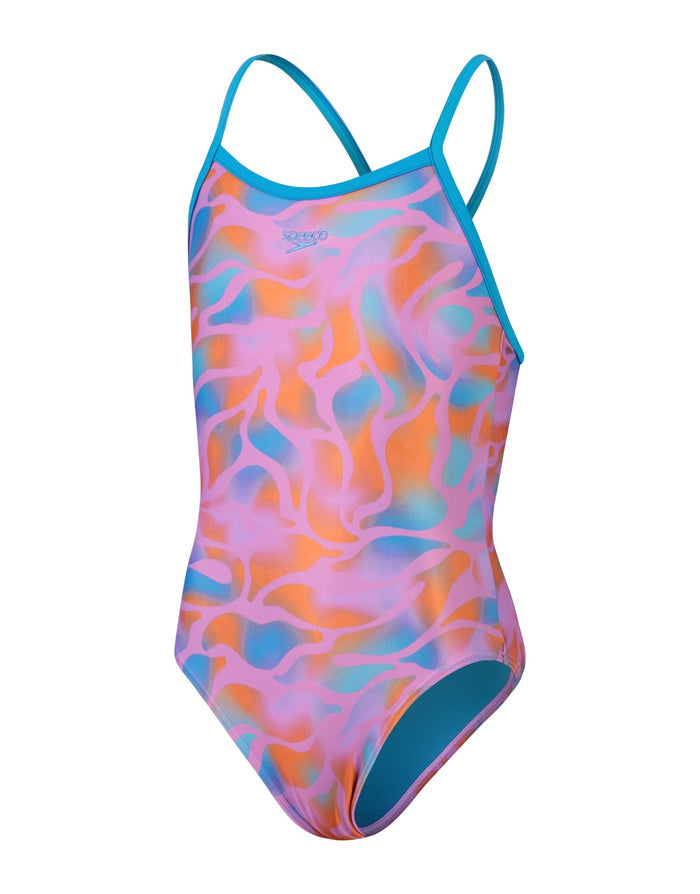 Speedo girls allover thinstrap muscleback swimsuit in purple orange with multicolored abstract print and teal straps