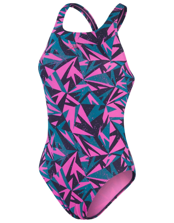 Pink and teal Speedo Hyperboom Allover Medalist swimsuit with black trim
