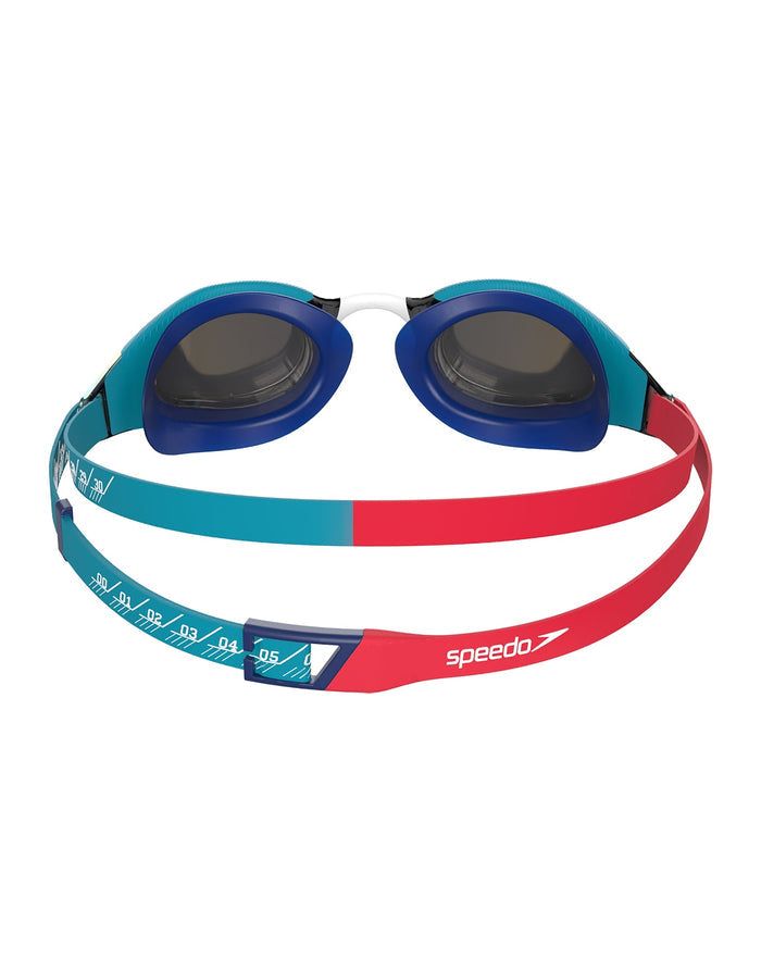 Speedo Junior Fastskin Hyper Elite Mirror Swim Goggles with blue and red straps and clear lenses