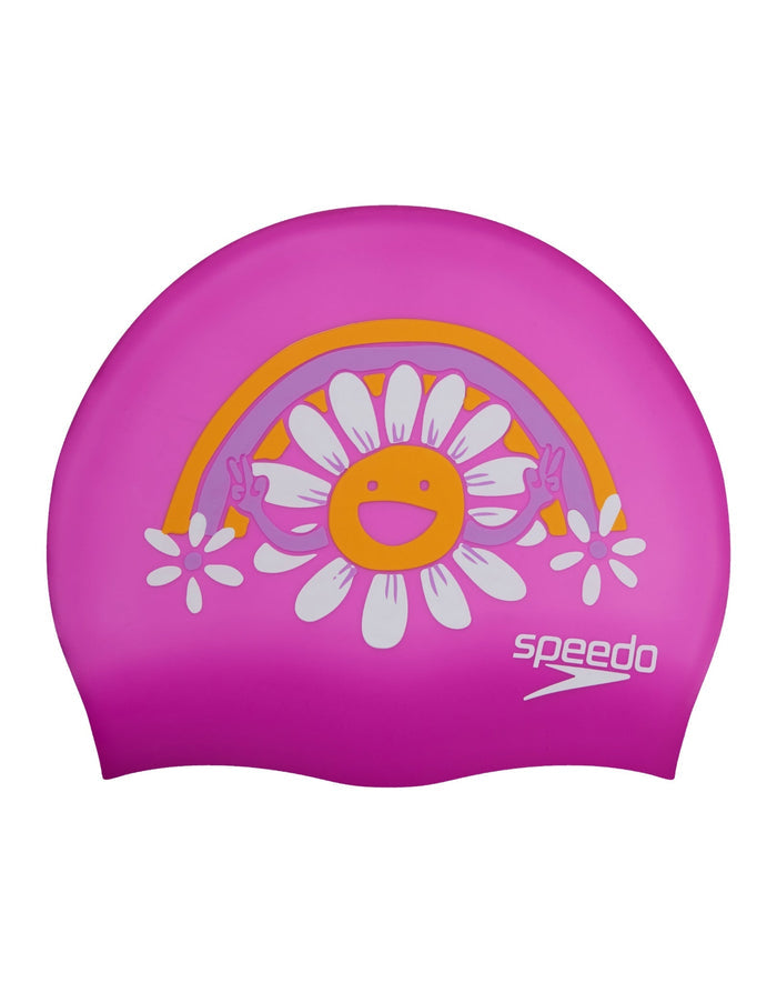 Cute Speedo Junior Slogan Print Silicone Swim Cap with pink daisy and white flowers
