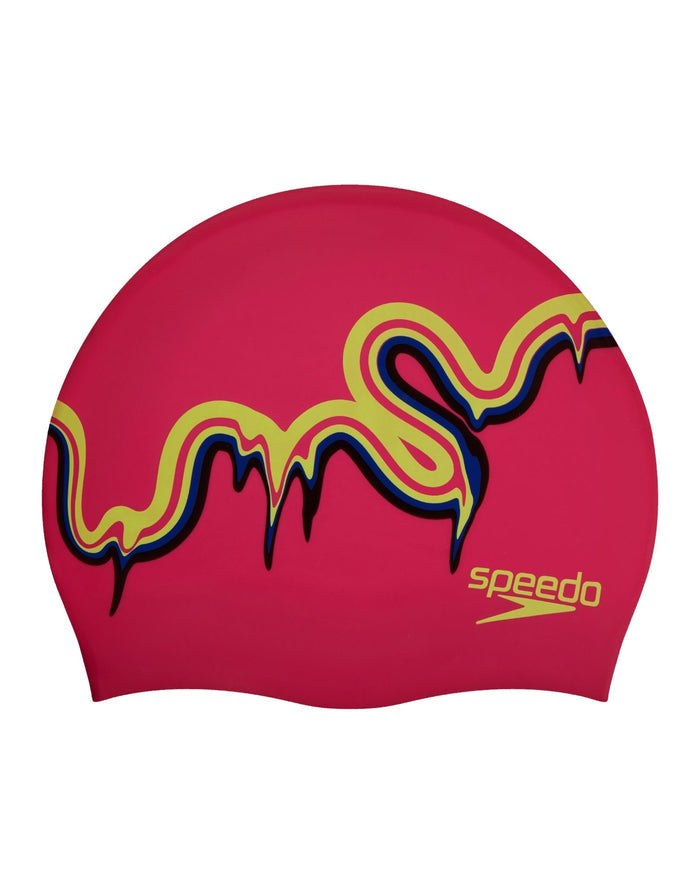 Pink Speedo junior slogan print silicone swim cap with colorful abstract design