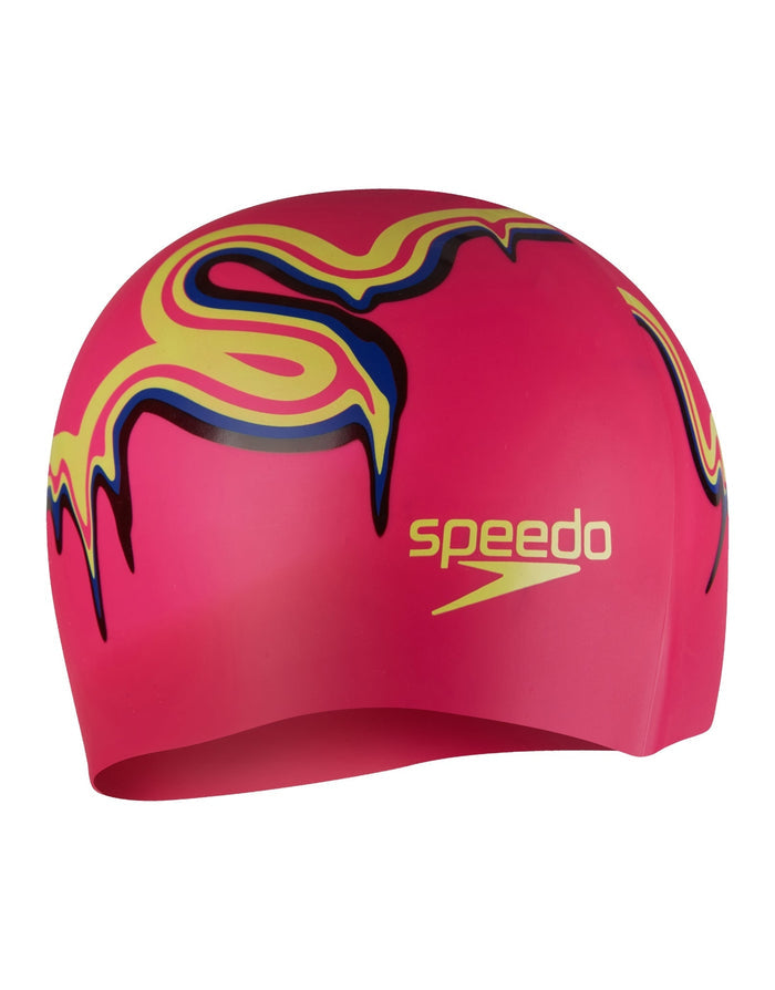 Pink Speedo junior slogan print silicone swim cap with flames