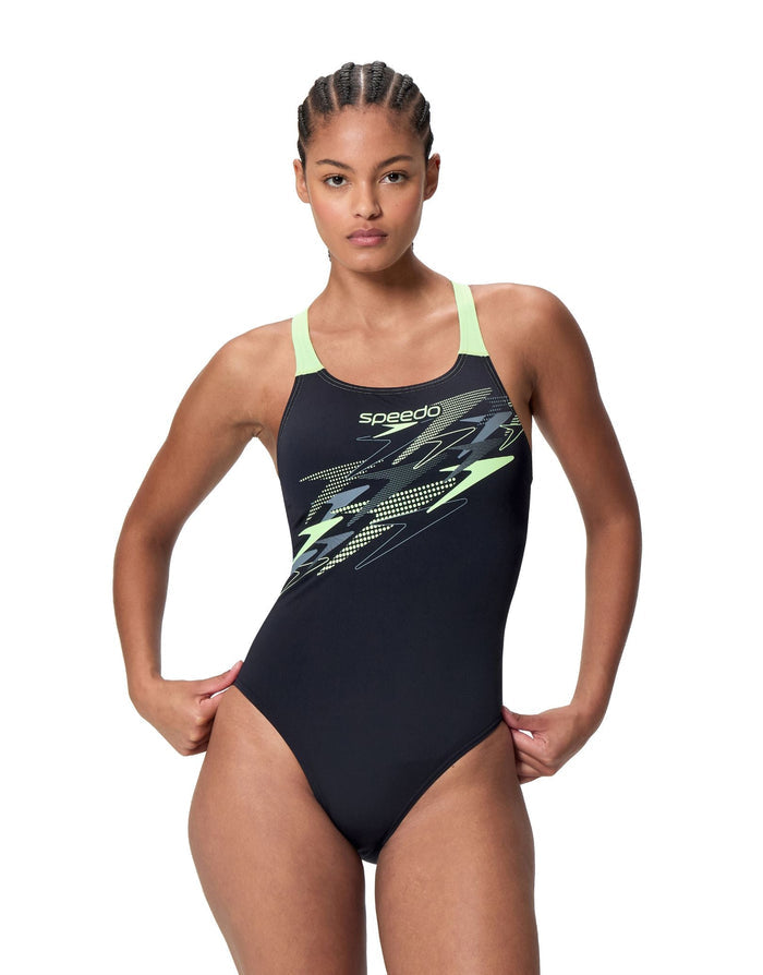 Speedo Medley Logo Medalist Swimsuit - Black/Light Green