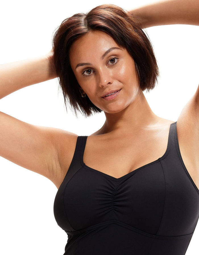 Black ruched nursing bra in Speedo Shaping AquaNite Swimsuit