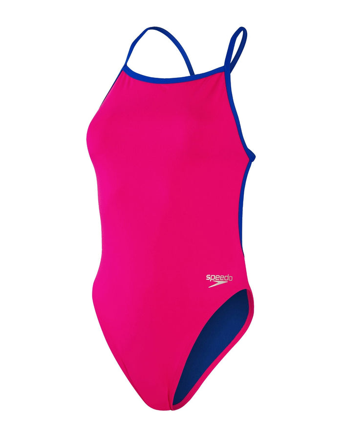 Speedo pink swimsuit with blue trim, high leg V back and shoulder straps