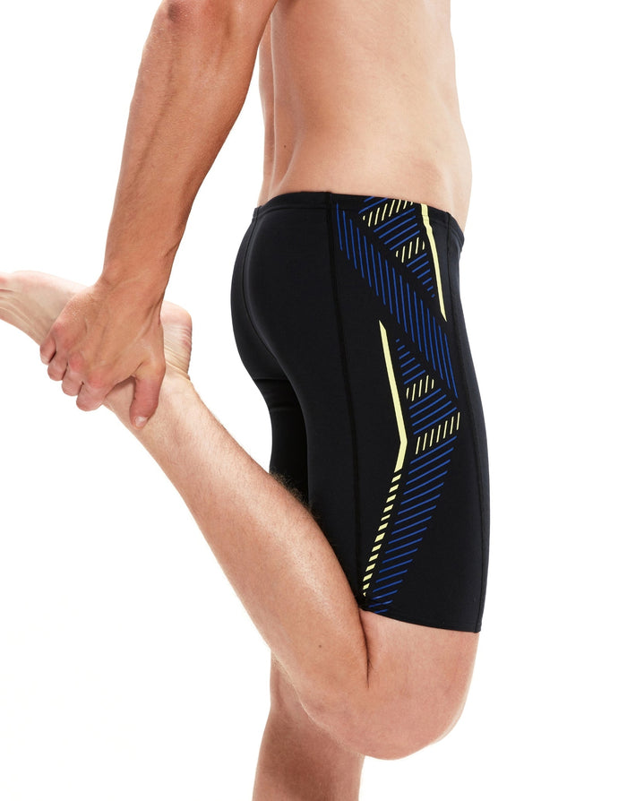 Speedo Tech Panel Jammer black blue swim trunks with yellow accents