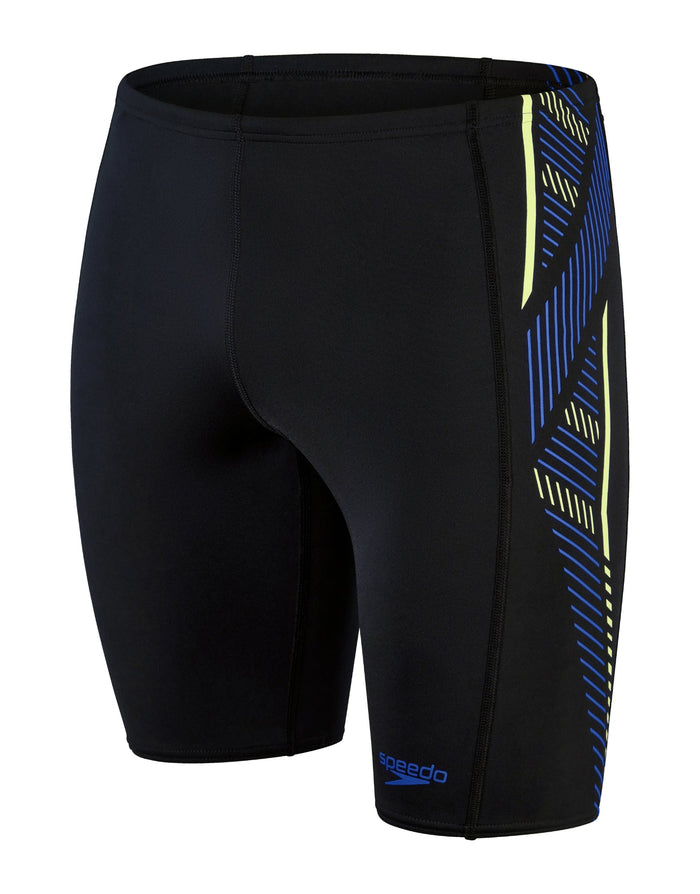Black Speedo Tech Panel Jammer in eco Enduraflex fabric with blue yellow stripes