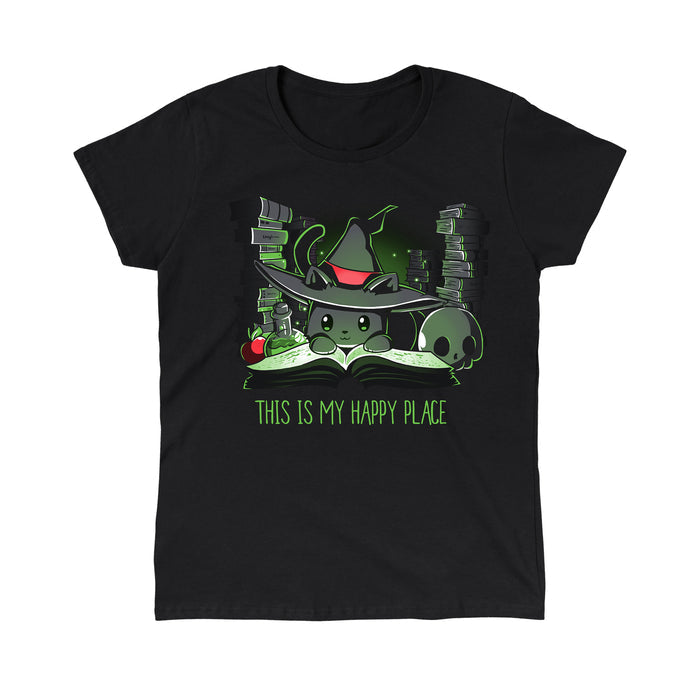 Classic Cotton T-shirt_TeeTurtle black Spellbound. Featuring a black cat wearing a witch hat surrounded by spellbooks and witchcraft paraphernalia.