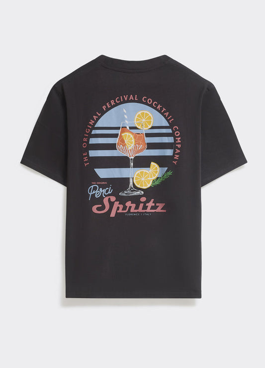 Washed black Percival Spritz T-shirt, showing the large back graphic of a vibrant cocktail glass and lemon slices.