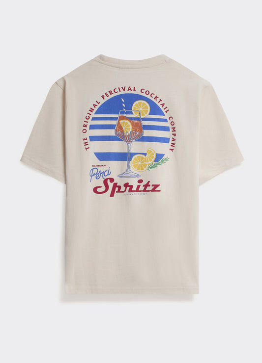 The Percival Spritz T-shirt in off-white, featuring a large back graphic of a cocktail and blue stripes.