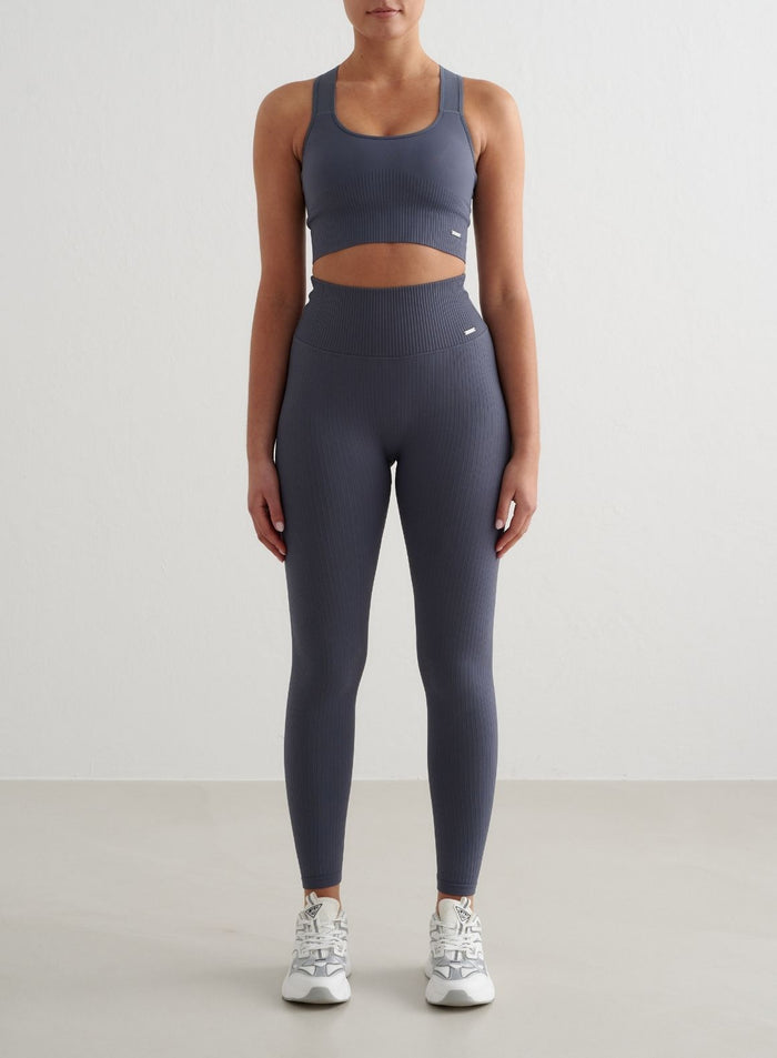 Storm blue ribbed seamless high support bra and matching leggings set from aim'n [S - 175 cm]