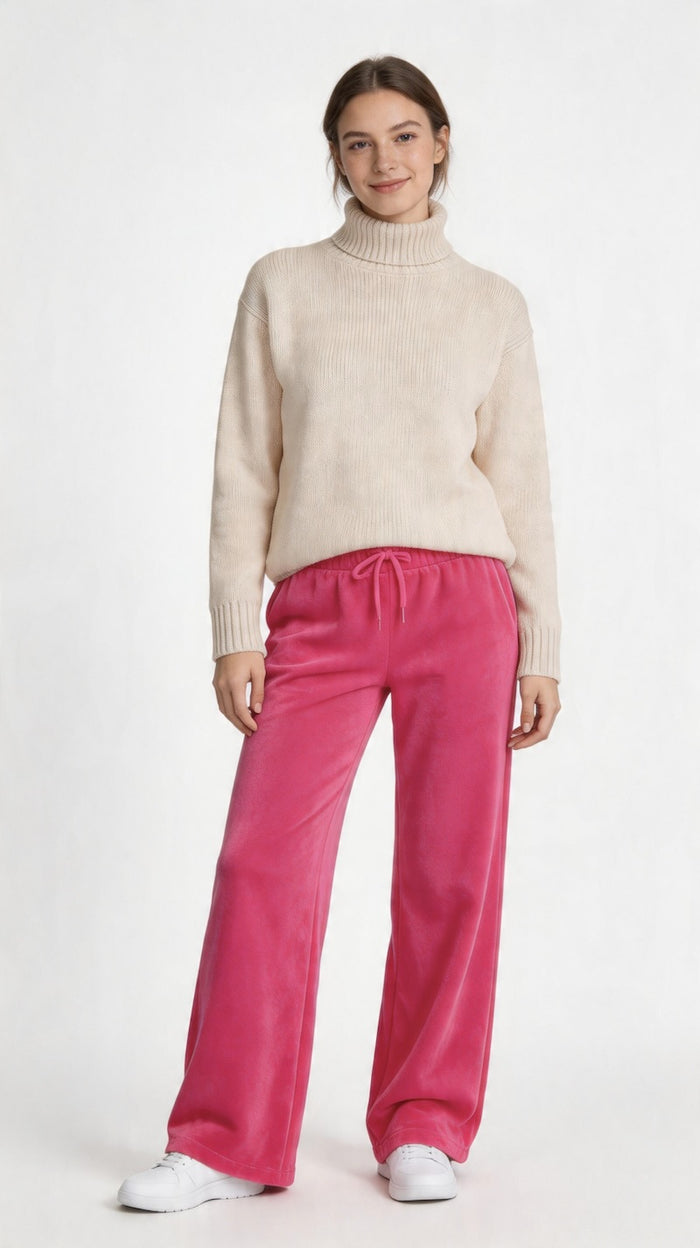 Stretch Towelling Wide Leg Jogging Bottoms | Fuchsia