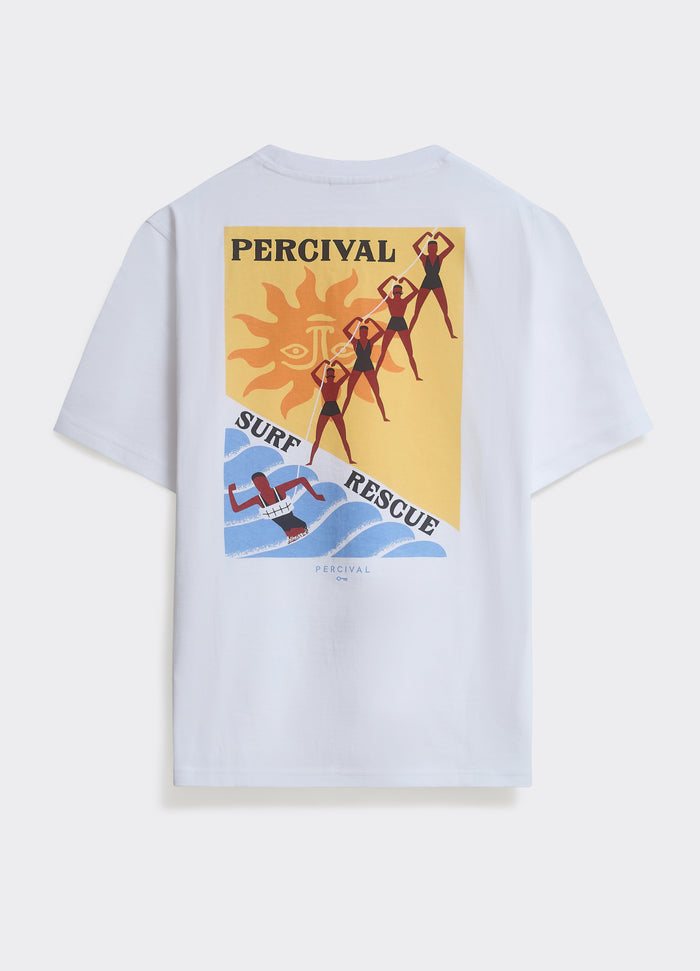 Percival Surf T Shirt in optic white jersey, featuring a bold sun and wave 'Surf Rescue' graphic on the back.