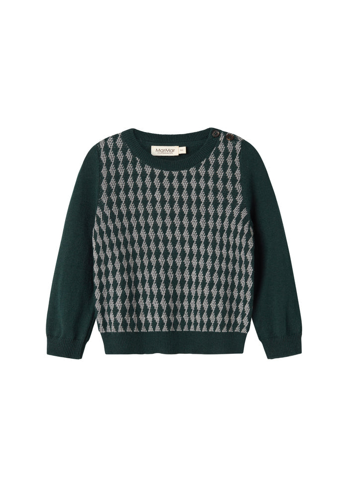 Knitted baby blouse with checkered pattern in dark green