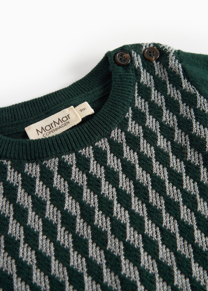 Knitted baby blouse with checkered pattern in dark green