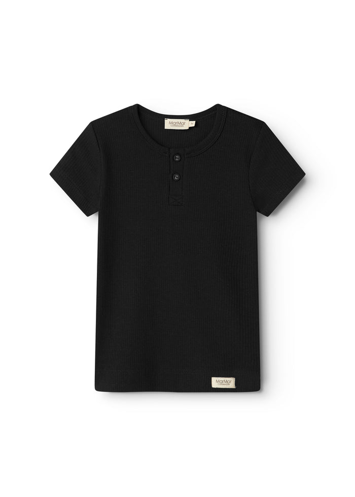 Sort korte ærmet T-shirt med knapstolpe foran