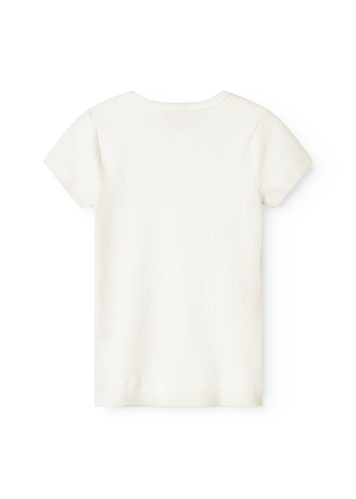 Cremefarvet kortærmet t-shirt med stribet ribstruktur og rund hals