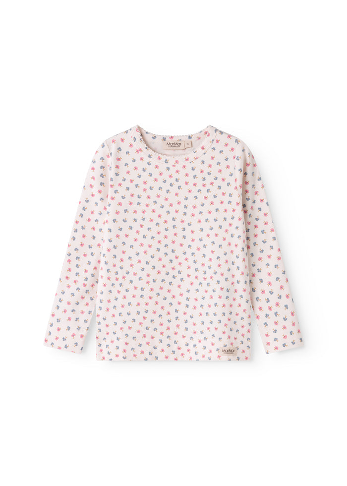 Hvid langærmet t-shirt med mini-blomster i pink, blå og rød mønster