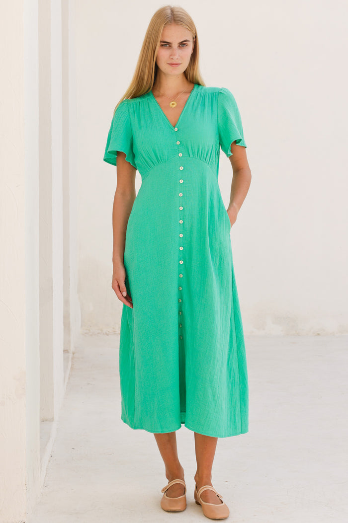 Tessa Organic Cotton Cheesecloth Dress | Green - Aspiga