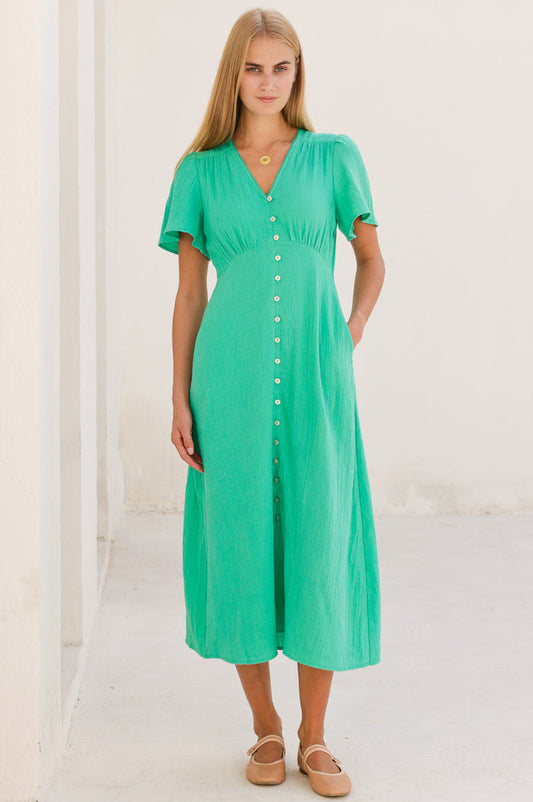 Tessa Organic Cotton Cheesecloth Dress | Green - Aspiga