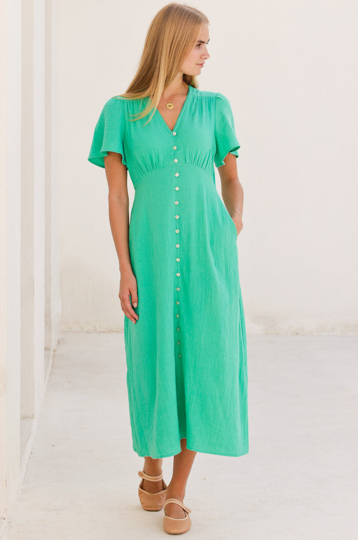 Tessa Organic Cotton Cheesecloth Dress | Green - Aspiga