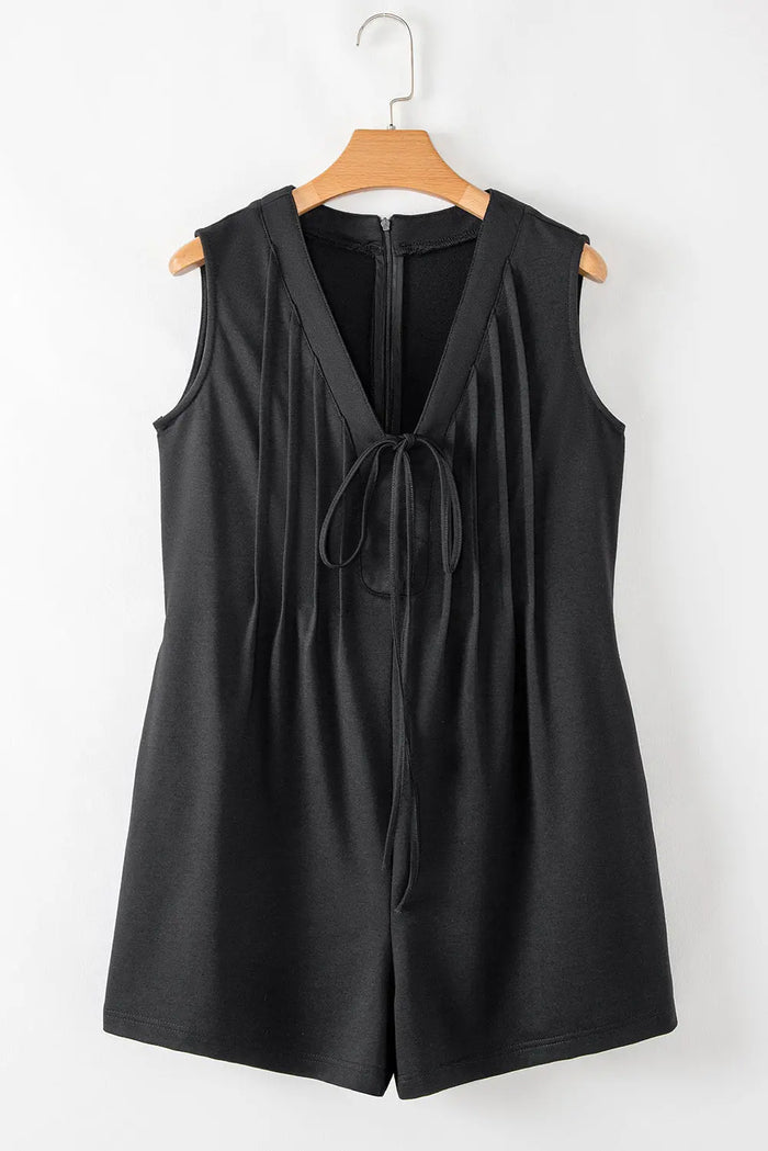 Black white Tie V Neck Pintuck Sleeveless Loose Romper - Bottoms/Jumpsuits & Rompers